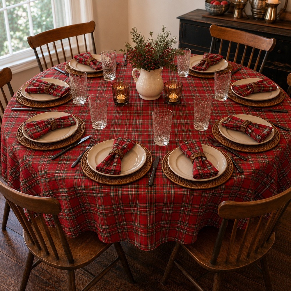 Unbranded Tablecloth and Napkin Set Red Tartan Plaid Round 70in 8 Napkins
